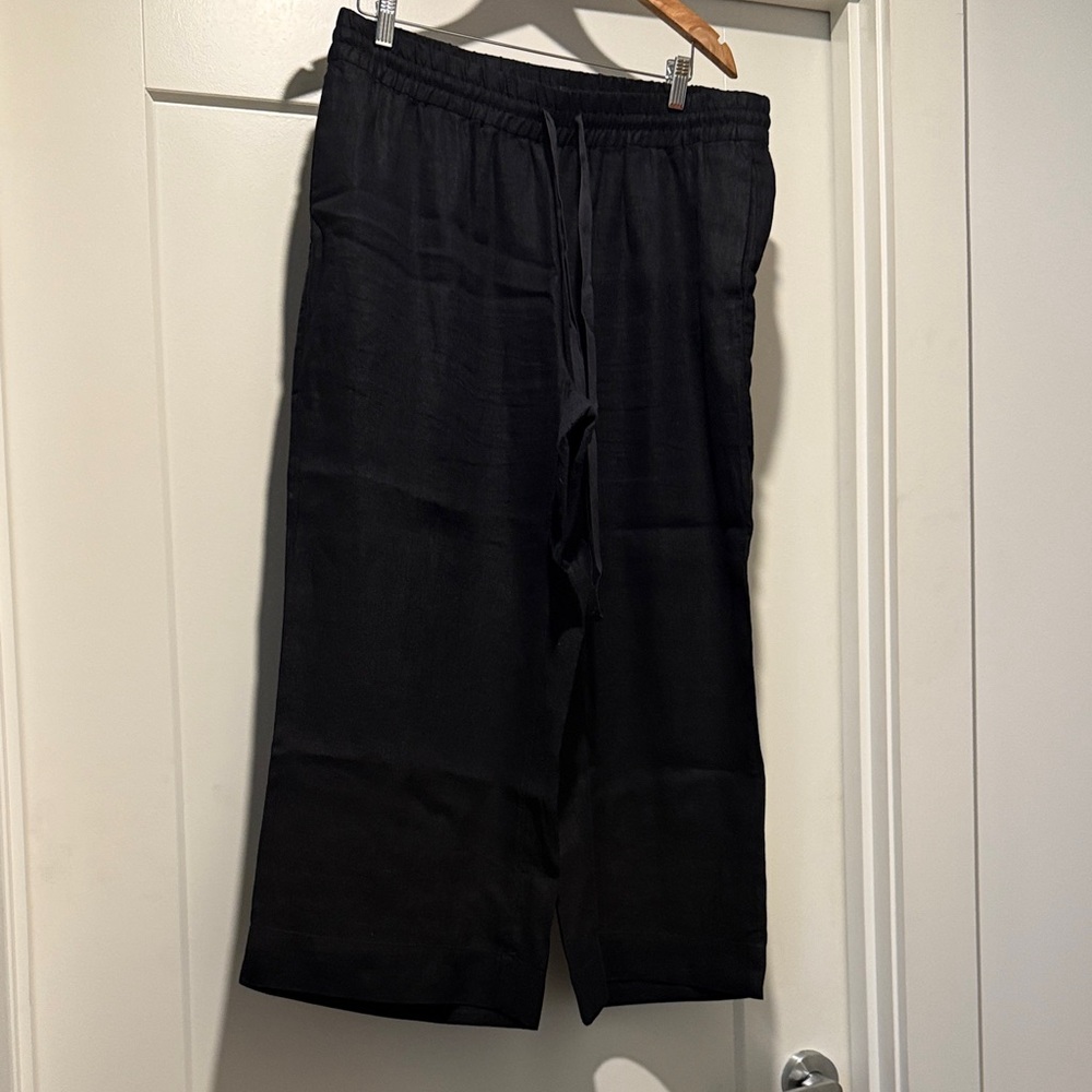 J. Crew women’s black linen wide leg pants with elastic waistband.